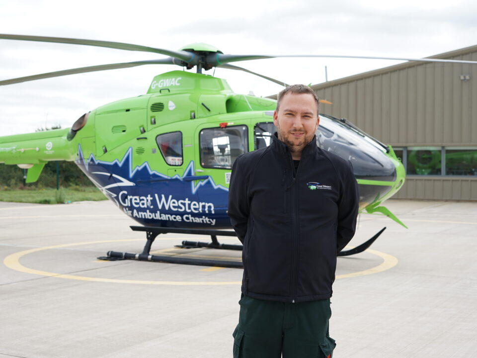GWAAC's Operations Officer Tim in front of Helimed 65 at the Almondsbury airbase
