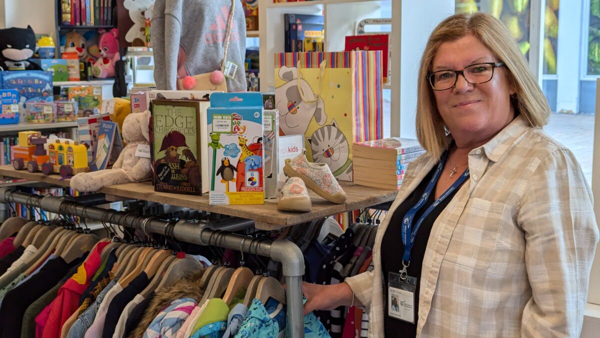 Lesley showing off her latest display in the Westbury-on-Trym shop