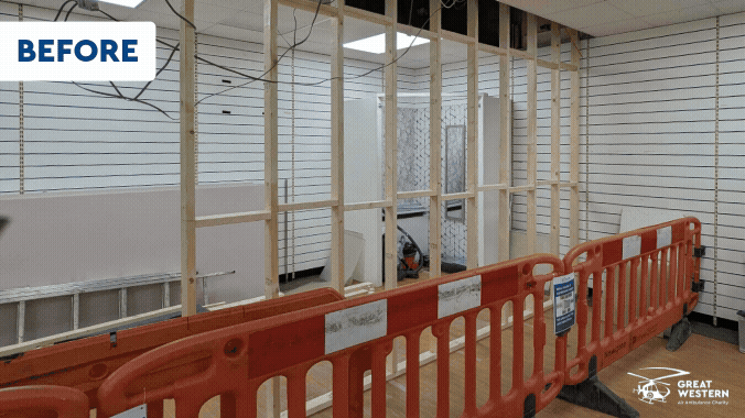 Before and after shots of the Yate shop changing room area. The ‘before’ frames show an unfinished space with exposed stud walls, and safety barriers. The ‘after’ frames show a fully completed changing-room area with finished walls, fitted fixtures, and a clean, welcoming layout.