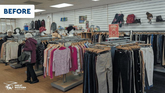 Before and after views of the Yate shop layout. The ‘before’ images show a busy retail area with older fixtures, tightly packed rails, and assorted stock. The ‘after’ images reveal an updated, brighter shop floor with refreshed displays, improved spacing, and a more modern and organised layout.