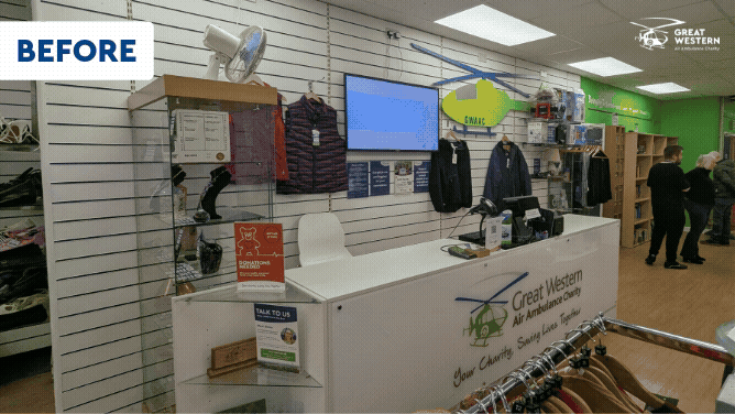 Before and after scenes of the Yate shop till area. The ‘before’ frames show an older counter setup with mixed fixtures, cluttered shelving, and dated signage. The ‘after’ frames show a redesigned, streamlined till point with new branding, a cleaner display, and a more polished, professional appearance.