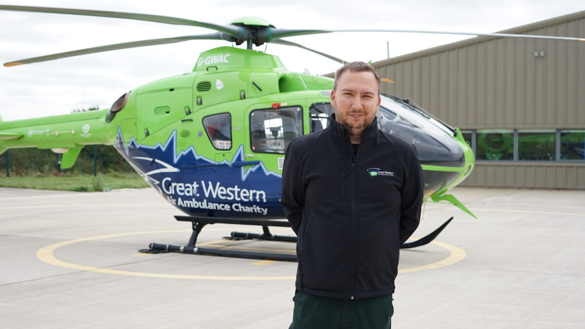 GWAAC's Operations Officer Tim in front of Helimed 65 at the Almondsbury airbase