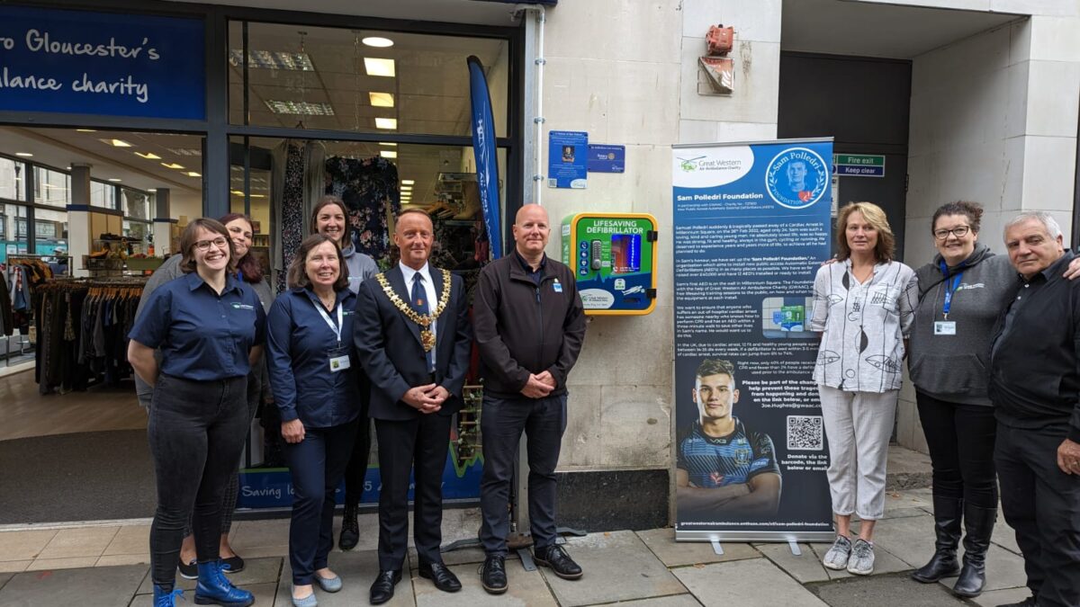 GWAAC staff, the Sheriff of Gloucester and Louise Polledri at an event celebrating the unvehling of the Polledri Foundation's 13th public access defib