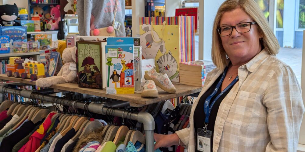 Lesley showing off her latest display in the Westbury-on-Trym shop