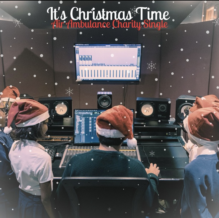 It's Christmas Time - Charity Christmas Signle cover image. Three people in santa hats at a mixing desk.