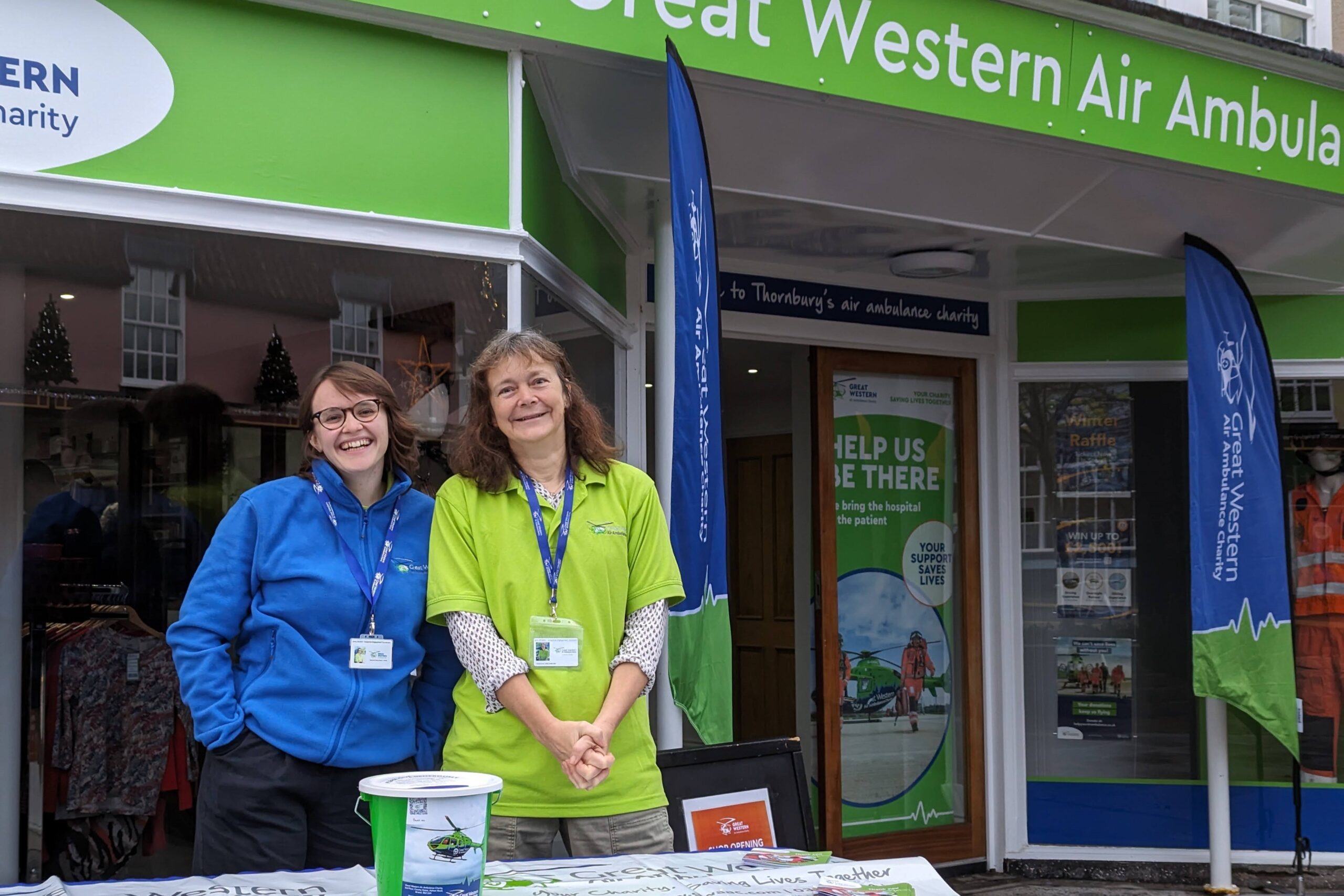 Great Western Air Ambulance Charity retail volunteers fundraising outside a GWAAC shop