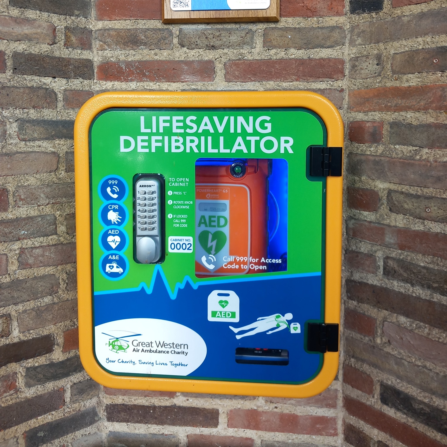 A GWAAC branded defibrillator cabinet